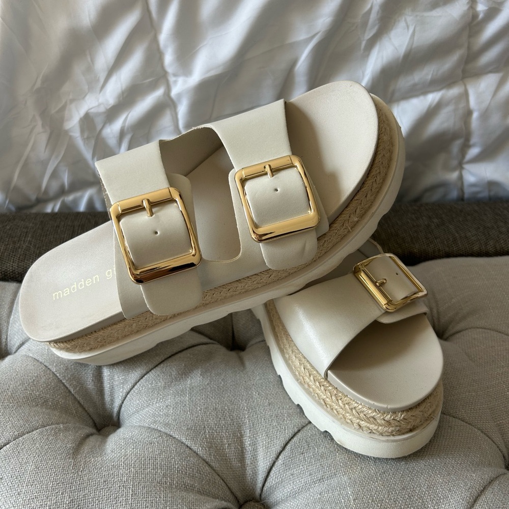 Madden Girl Cream Platform Slide Sandals with Gold Buckles